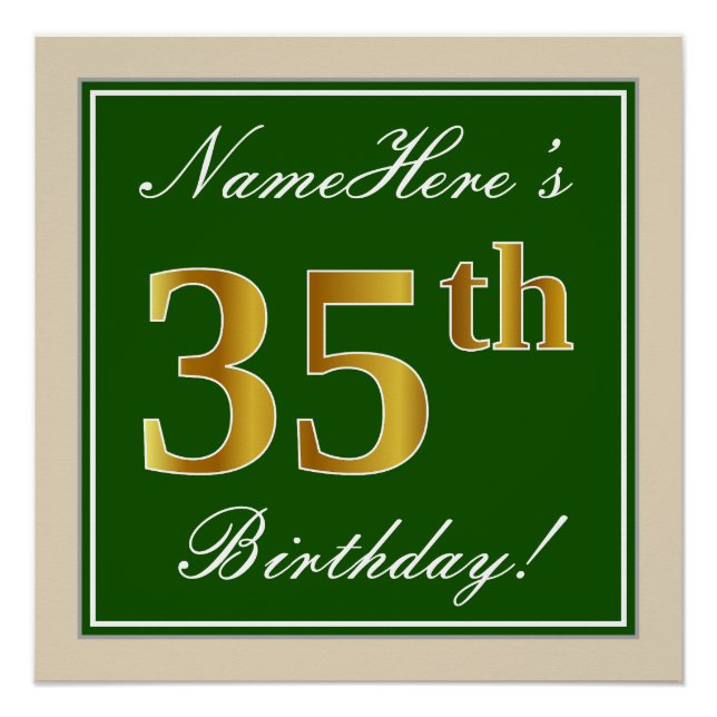 Poster Elégant, Vert, Or Faux 35e Anniversaire + Nom (Devant)