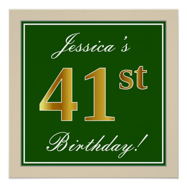Poster Élégant, Vert, Or Faux 41e Anniversaire + Nom (Devant)