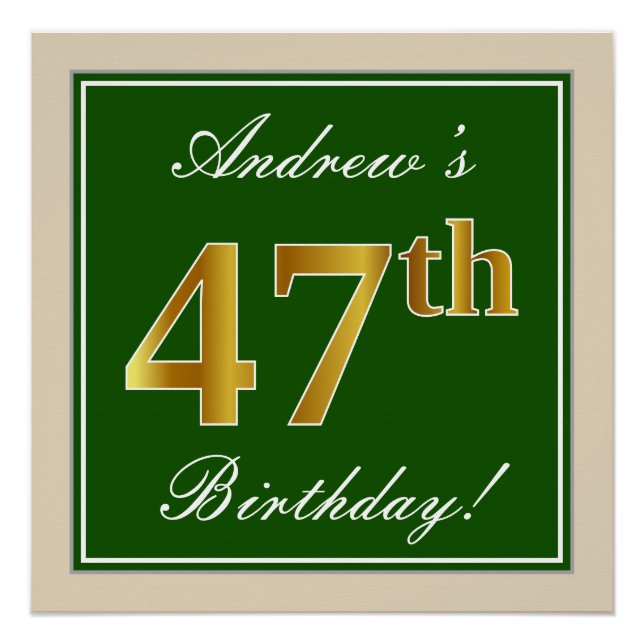 Poster Elégant, Vert, Or Faux 47ème Anniversaire + Nom (Devant)