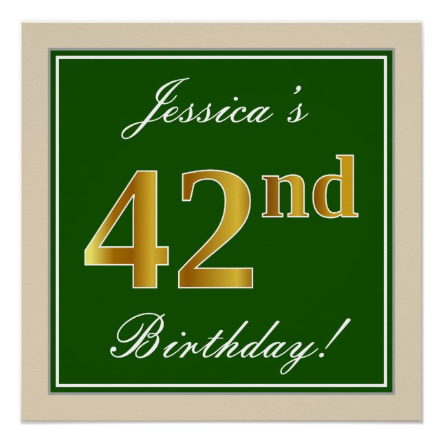 Poster Elégant, Vert, Or Imitation 42e Anniversaire + Nom (Devant)