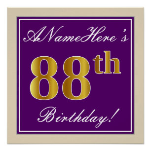 Poster Élégant, Violet, Or Imitation 88e Anniversaire + N