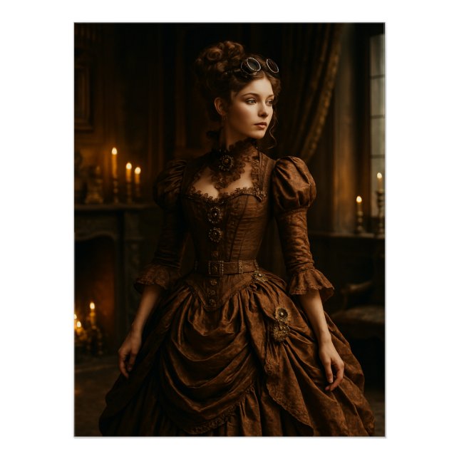 Poster Élégante dame victorienne Steampunk en marron (Devant)