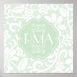 Poster Élégante dentelle verte de menthe Monogramme perso
