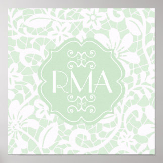 Poster Élégante dentelle verte de menthe Monogramme perso