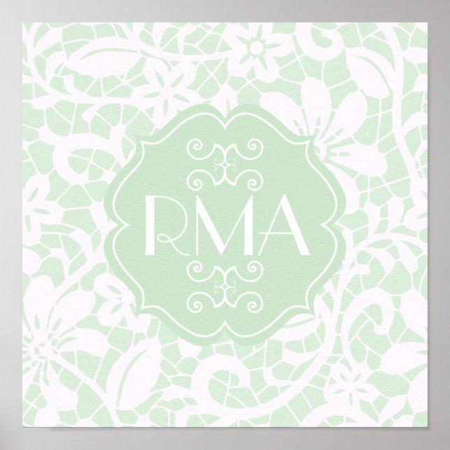 Poster Élégante dentelle verte de menthe Monogramme perso (Devant)