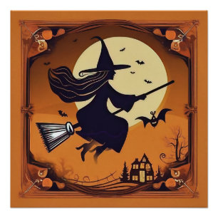 Poster Élégante sorcière sur Broomstick