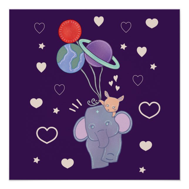 Poster Élément et Lapin Montgolfière spatiale | Fantaisis (Devant)