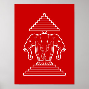 Poster Éléphant à trois têtes Erawan Drapeau lao / Laos