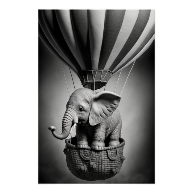 Poster Elephant bébé dans un ballon à air chaud (Devant)