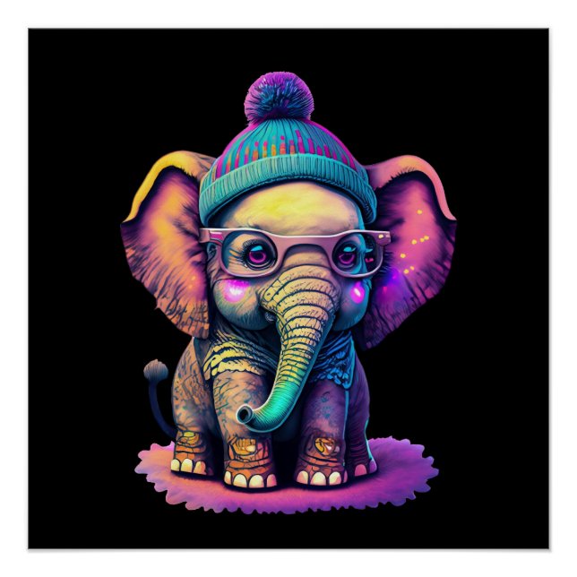 Poster Eléphant bébé mignon avec lunettes et Beanie (Devant)