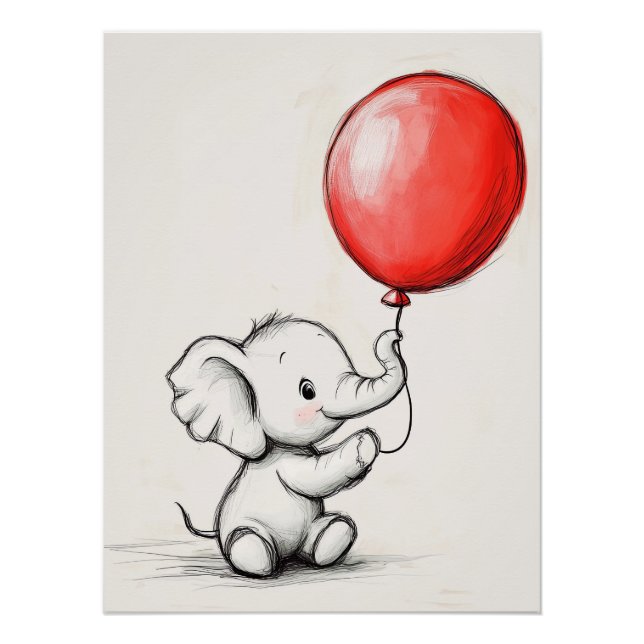 Poster Éléphant de bébé amical avec ballon rouge (Devant)