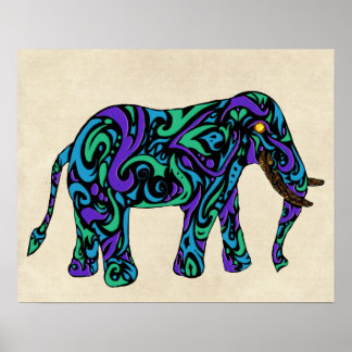 Poster Éléphant de tatouage tribal en bleu violet et vert
