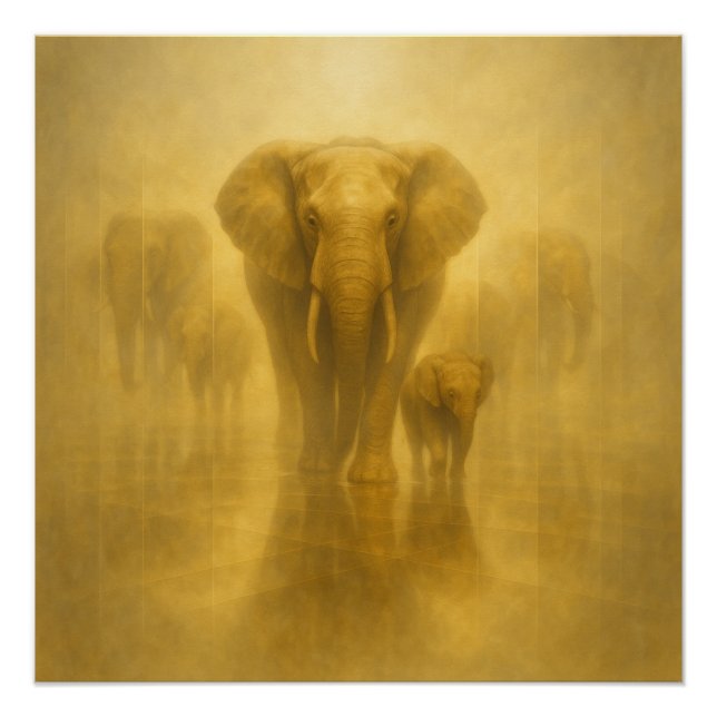 Poster Éléphant doré et veau dans un royaume miroir brume (Devant)