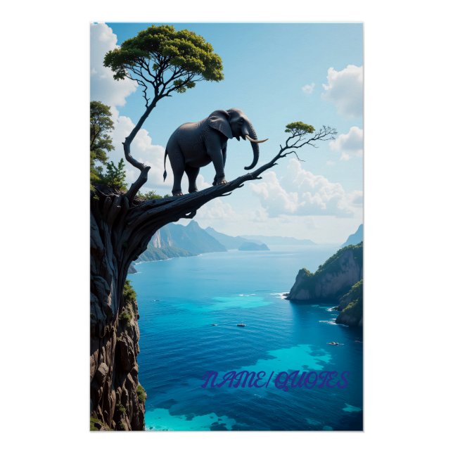 Poster Éléphant en équilibre sur une falaise – Faune surr (Devant)
