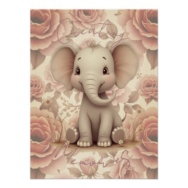 Poster Éléphant et floral au pastel doux (Devant)