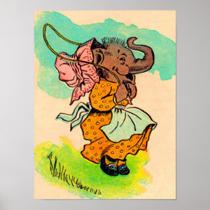 Poster éléphant habillé des années 1930 jouant à la corde