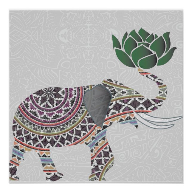 Poster éléphant Indien Design bohème avec Lotus (Devant)