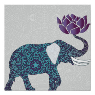 Poster Eléphant Indien Lotus Turquoise Et Violet