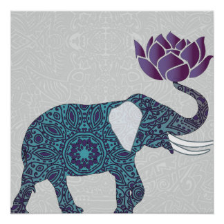 Poster Eléphant Indien Lotus Turquoise Et Violet