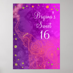 Poster Elephant Purple Pink Orange & Gold Party Banner