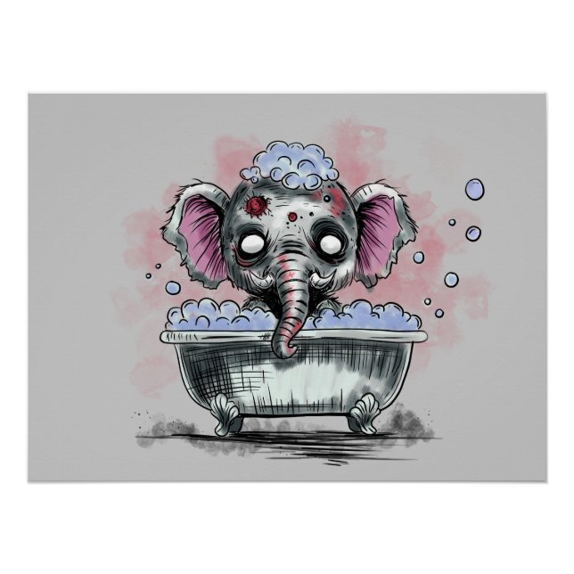 Poster Éléphant zombie dans une baignoire (Devant)