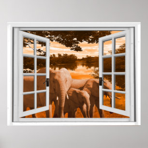 Poster Eléphants Coucher de soleil Vue Trompe l'oeil Fake