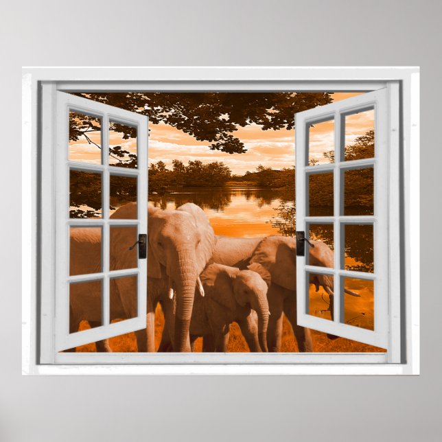 Poster Eléphants Coucher de soleil Vue Trompe l'oeil Fake (Devant)