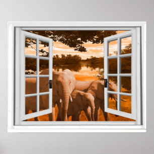 Poster Éléphants Vue Coucher de Soleil Trompe l'oeil Faus