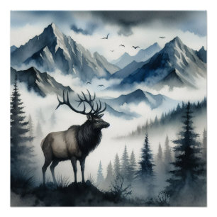 Poster Elk Misty Mountains Aquarelle Découpage