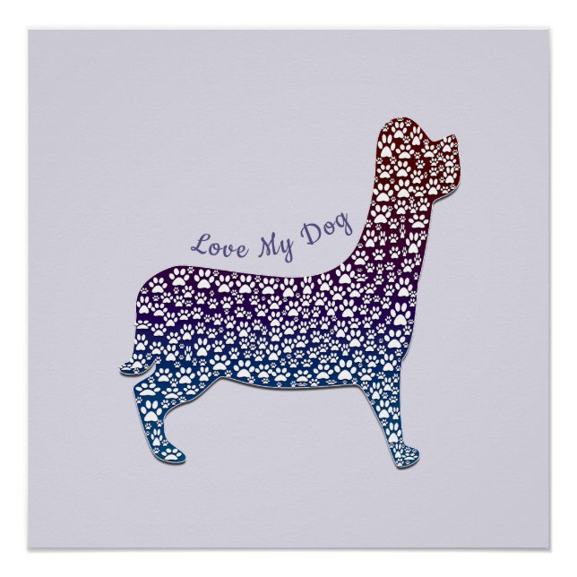 Poster Embossed Indigo Gradient Paw Print Dog Outline (Devant)