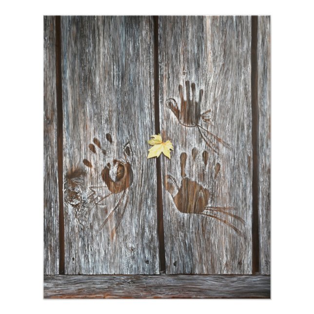 Poster Empreintes à main Oiseaux sur planches en bois ave (Devant)