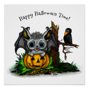 Poster En attente d'Halloween, Bat mignonne et Corbeau
