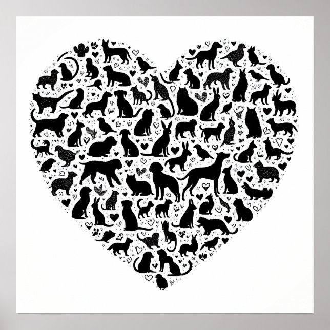 Poster en silhouette d'animal en forme de coeur (Devant)
