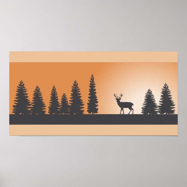 Poster en silhouette des cerfs et des pins (Devant)