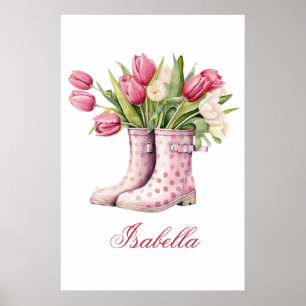 Poster encadré de bottes en plume et de tulipes mi