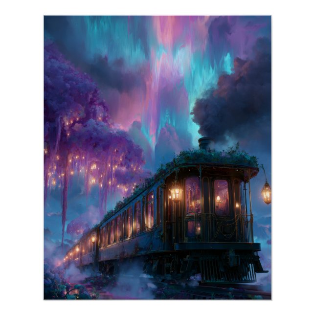 Poster Enchanted Aurora Train Under Starlit Sky (Devant)