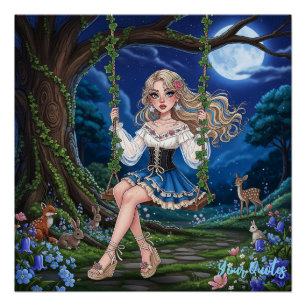 Poster Enchantement balançoire de forêt au clair de lune