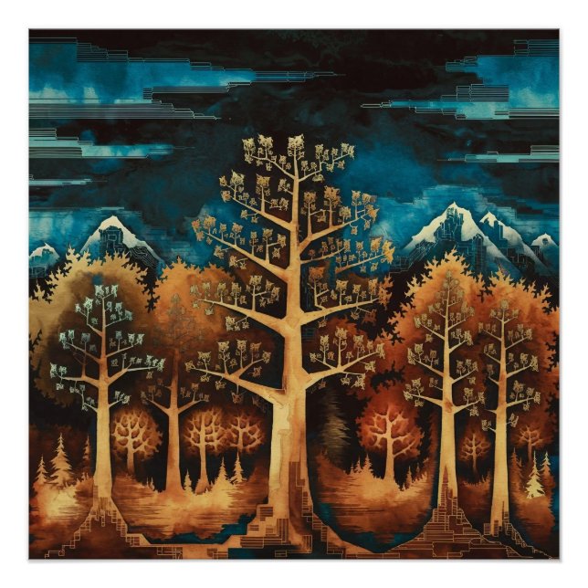 Poster Enchanter le cerf Brown dans l'aquarelle de forêt  (Devant)