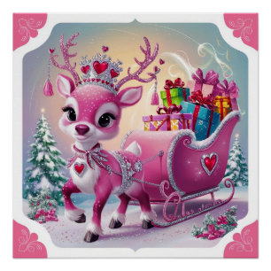 Poster Enchanter renne rose avec couronne ornée de bijoux
