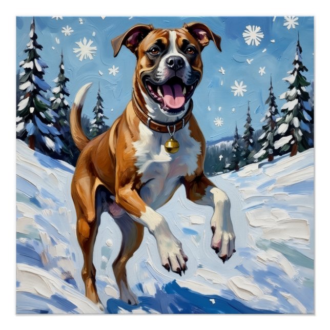 Poster Energetic Boxer Dog Leaping in Winter Snow Fun (Devant)