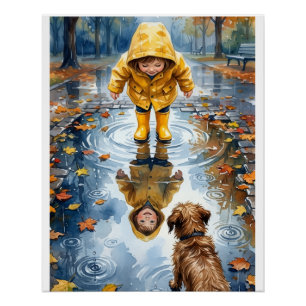 Poster Enfant dans une flaque d'imperméable jaune avec ch