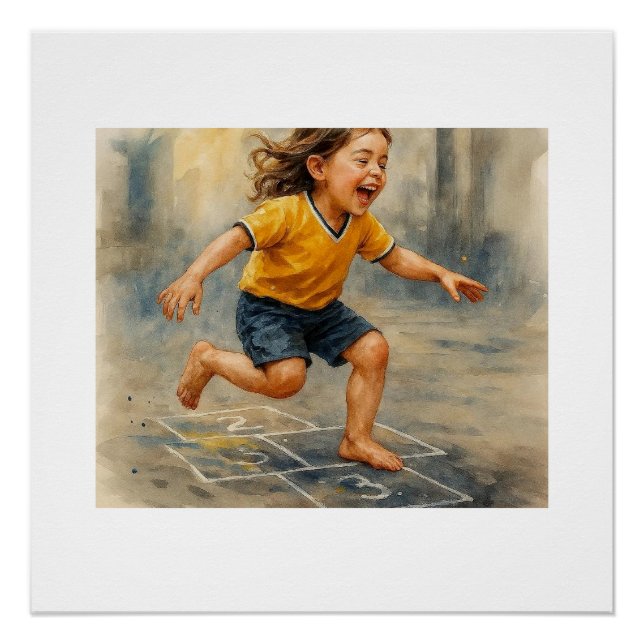 Poster Enfant joyeux jouant à la marelle,  (Devant)