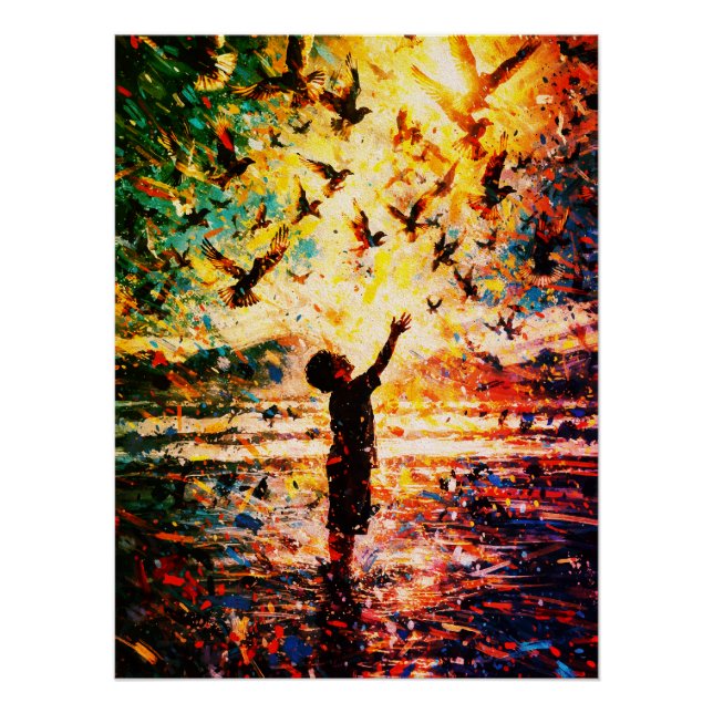 Poster Enfant Joyeux Jouant avec les Oiseaux Lever de Sol (Devant)
