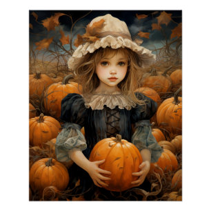 Poster Enfant Mignonne Tenant Une Automne Citrouille Auto