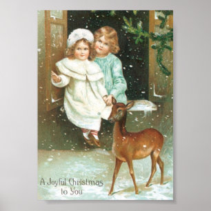 Poster Enfants avec cerf à Noël