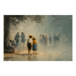 Poster Enfants dans une scène impressionniste de rue brum