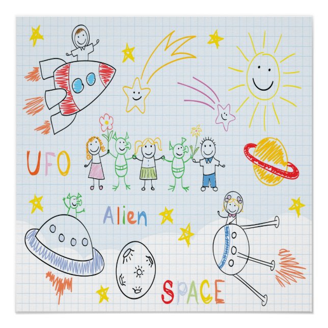 Poster Enfants dessiner, espace, aliens, univers, mignon, (Devant)