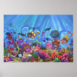 Poster Enfants faisant du snorkeling sous l'art marin
