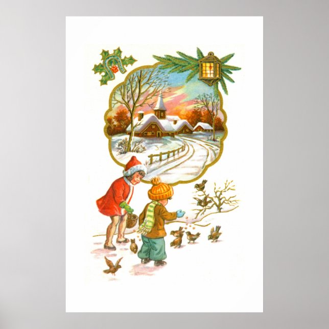 Poster Enfants nourrissant les oiseaux (Devant)