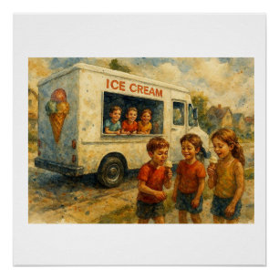 Poster Enfants profitant d'un camion de glace,